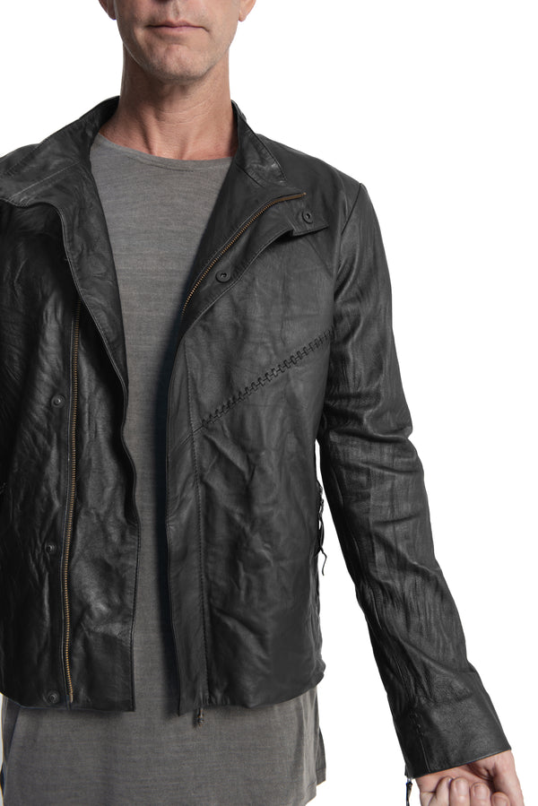 Punk double lapel washed leather jacket with hand stitched detail