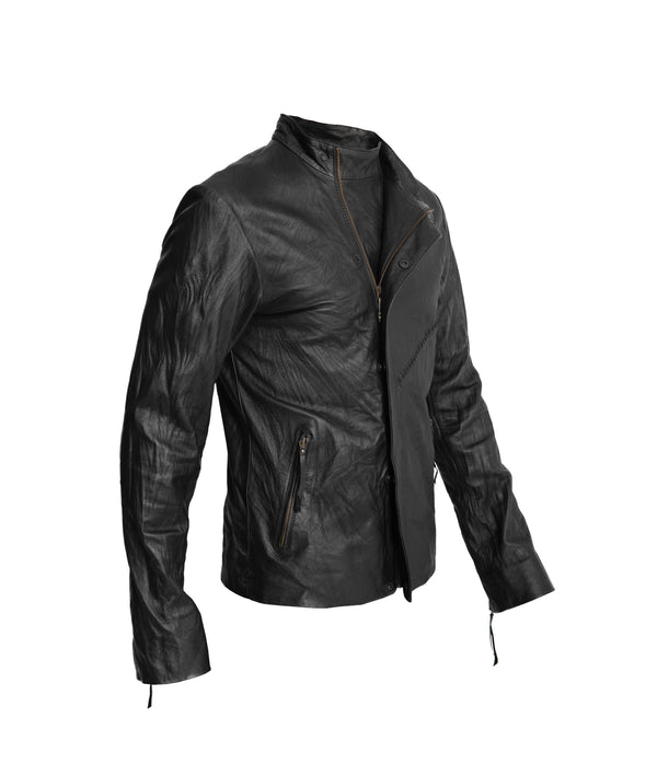 Punk double lapel washed leather jacket with hand stitched detail