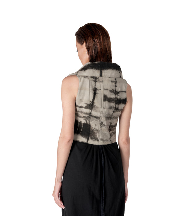 plant dyed cropped women sleeveless vest with high flared collar. Zippers along waist line. Hand cast snake claw front zipper pull.