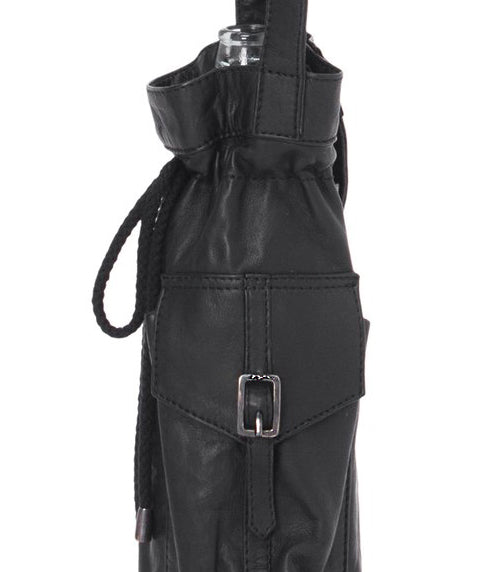 Black leather bottle bag with a buckle on a white background