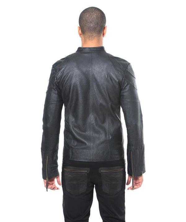 slim fitting hand washed black leather jacket. leather trimmed inside pocket.  silver print on black lining.