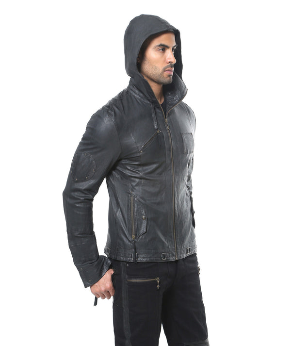 slim fitting thin high quality sheep leather hoody.  Men's leather hoody. Goth leather hoodie.