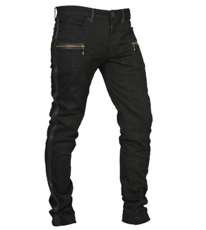 slim fitting black denim jeans with leather stripes, leather belt loops and leather piping around the pockets.