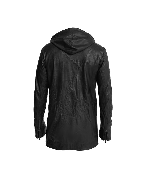 Long men's leather jacket with hood. Custom signature hardware. Sheep skin leather jacket.