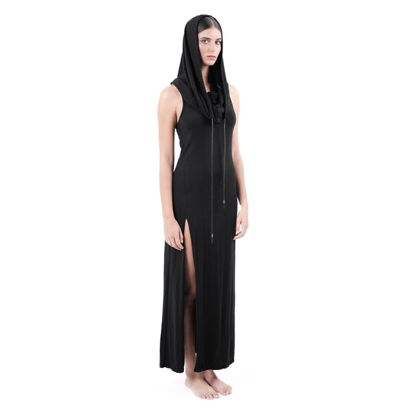 Comfortable and stylish long hooded dress with leather strings and ultra high slit . Made of ultra soft bamboo & GOTS certified organic cotton.