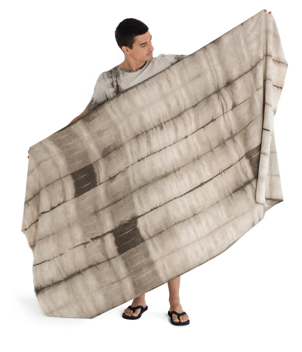Shibori handwoven cotton shawl with frayed edges