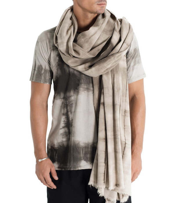 Shibori handwoven cotton shawl with frayed edges