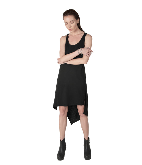 Easy to wear, relax fit, asymmetrical tank dress made of very soft eco-bamboo and cotton jersey blend. Raw hem finish, linen string tied back. Black summer dress.