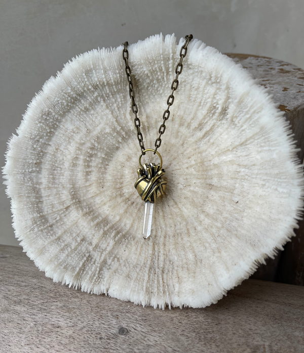 heart pendant with quartz crystal. brass heart. anatomical heart necklace.t 