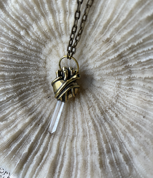 heart pendant with quartz crystal. brass heart. anatomical heart necklace.t 