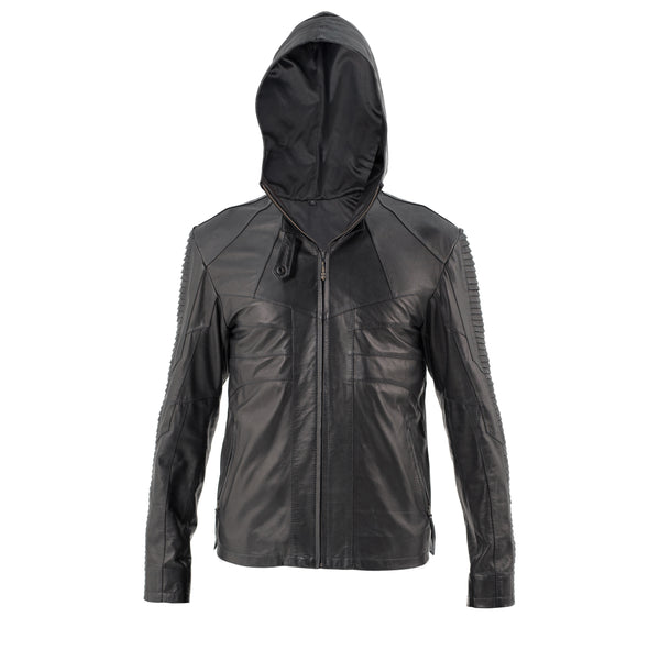 slim fitting hooded sheep leather jacket with layered scales down the arms. 