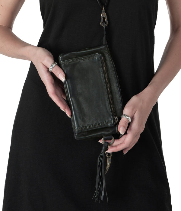 Leather lanyard. Black wallet necklace, a leather essential for the pure essentials and hands free moments. Gothic wallet.